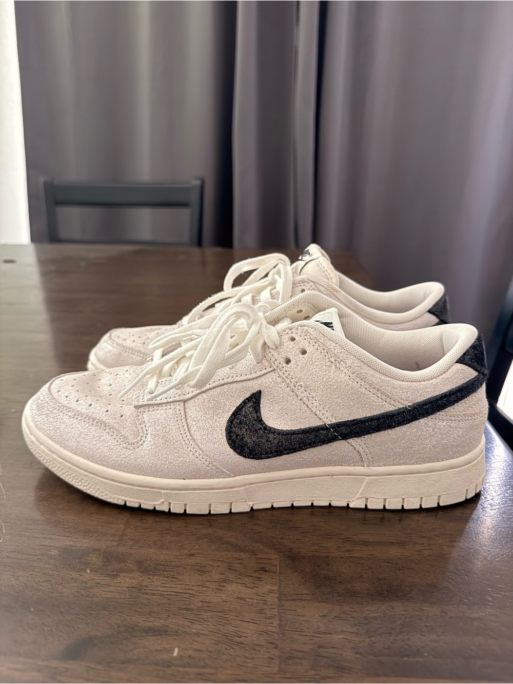 Nike White Suede Low Dunks with Black Swoosh/Shimmer